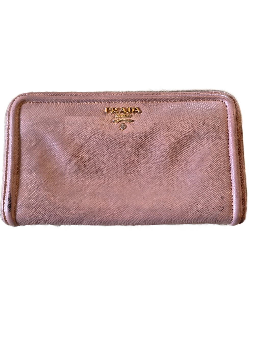 Prada Rose Pink Saffiano Zip Wallet with Gold Logo